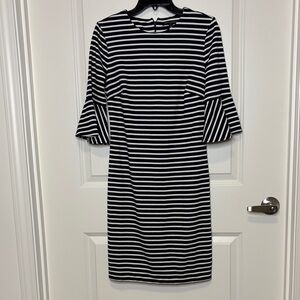 Banana Republic Black and White Striped Midi Dress with Bell Sleeves